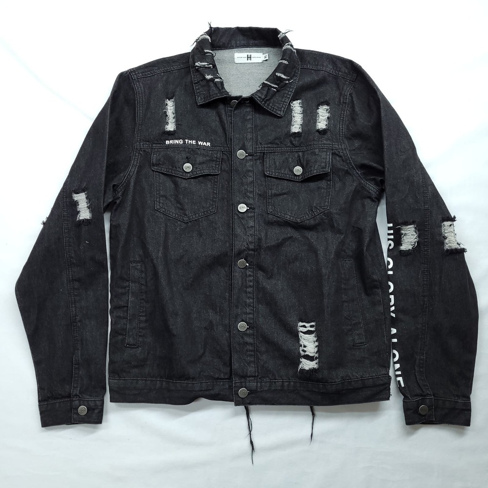 His Glory Alone HGA Men's XL Black Jean Jacket Bring the War Distressed